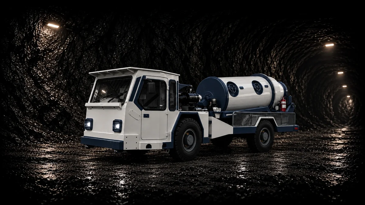 White and blue Liberator AGICAR 5000 concrete transmixer operating in an underground mine