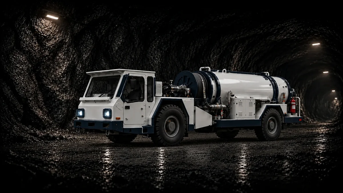 White and blue underground fuel service truck in a mine tunnel