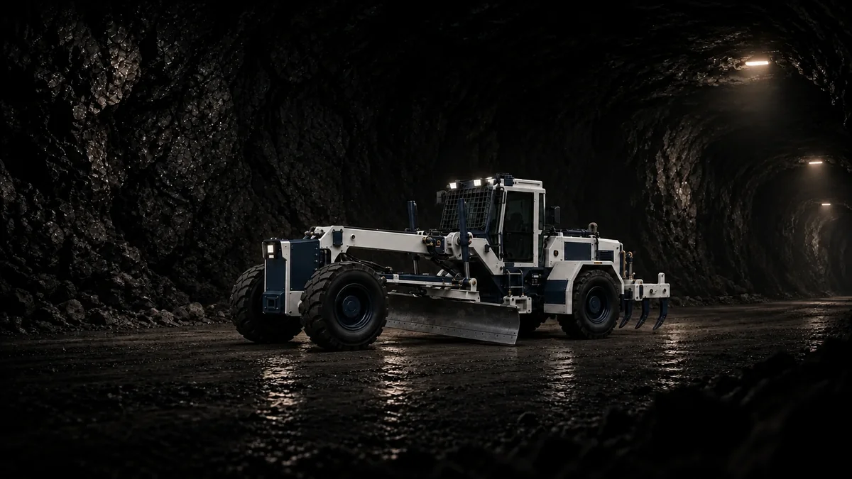 White and blue underground motor grader working in a mine tunnel