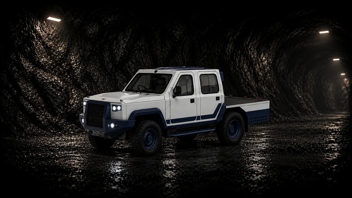 White and blue underground personnel transport vehicle in a mine tunnel
