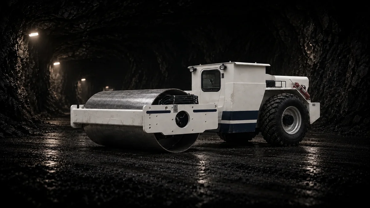 White and blue road roller maintaining an underground mine road