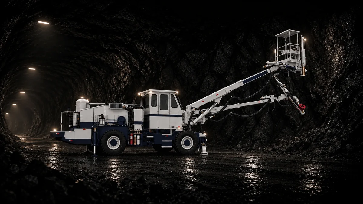 White and blue rock bolting machine in an underground mine tunnel