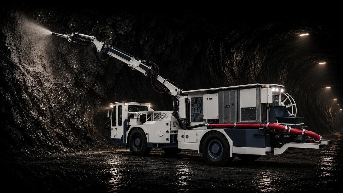 White and blue Liberator robotic wet-shotcrete machine spraying concrete in an underground mine