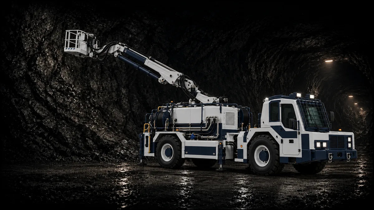White and blue underground explosives charging vehicle operating in a mine tunnel