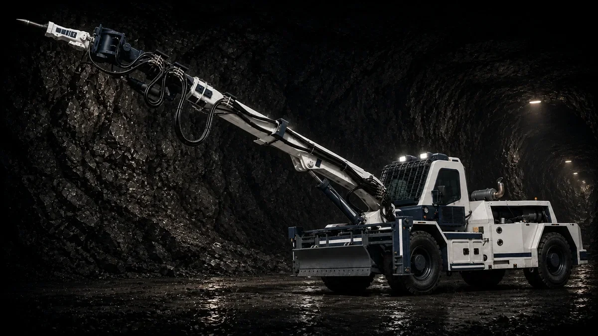 White and blue Liberator MKII high-reach underground scaler working in a mine tunnel